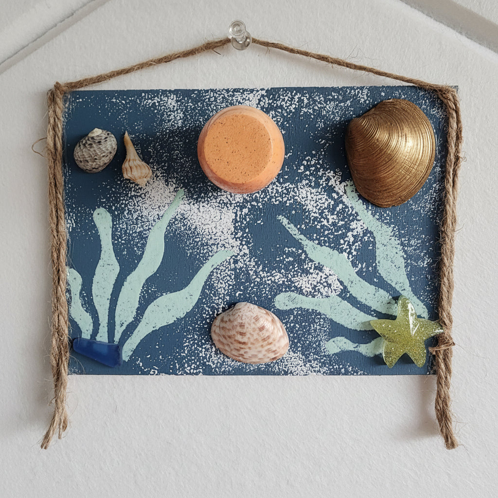 Blue Coral Reef seashell jewelry holder wall decor with real shells and resin accent, handmade coastal wall art
