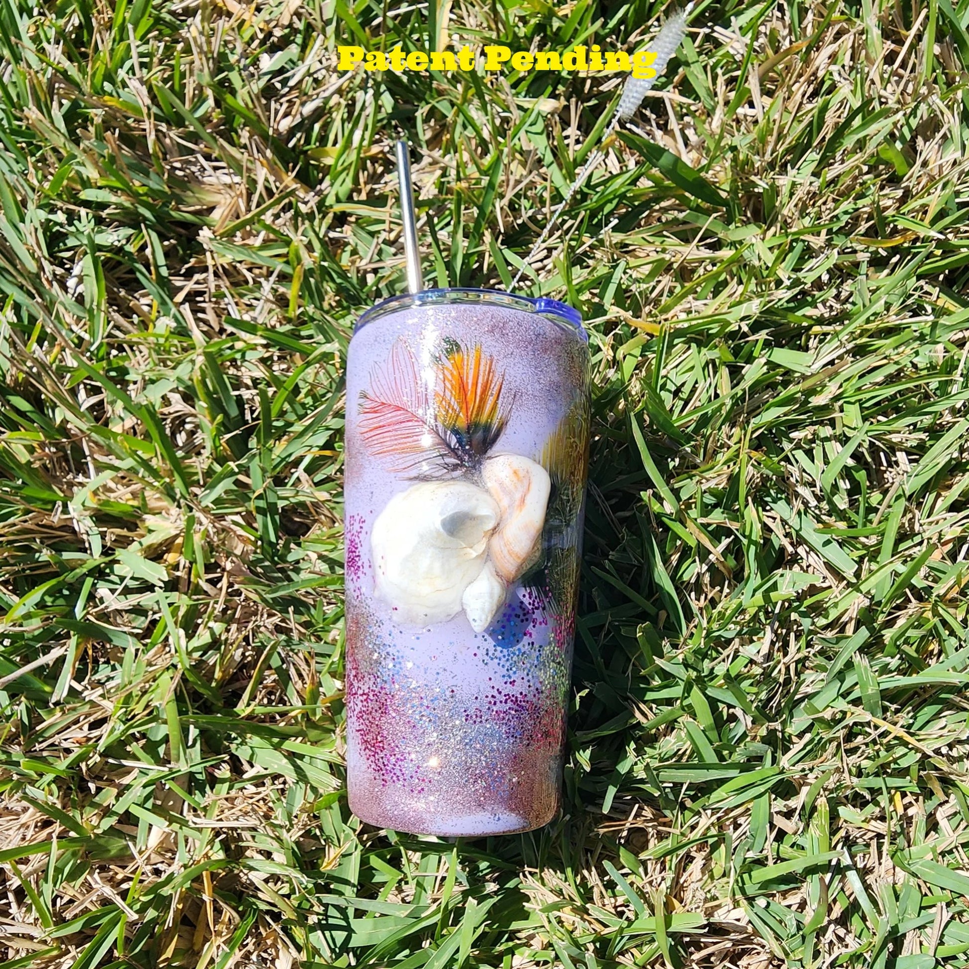 lavender coastal cowgirl tumbler with seashells and feathers