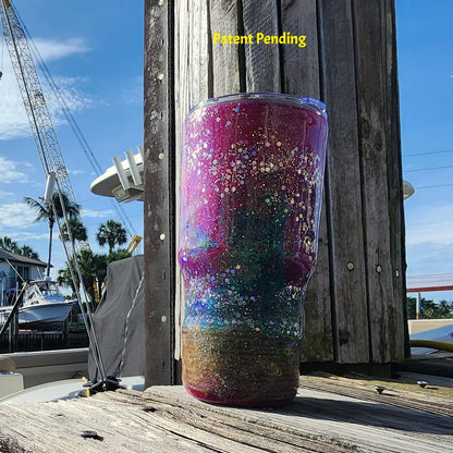 Magenta Tide handmade fishing tumbler for women side view showing hot pink epoxy resin with mixed silver glitter and coastal rope bas