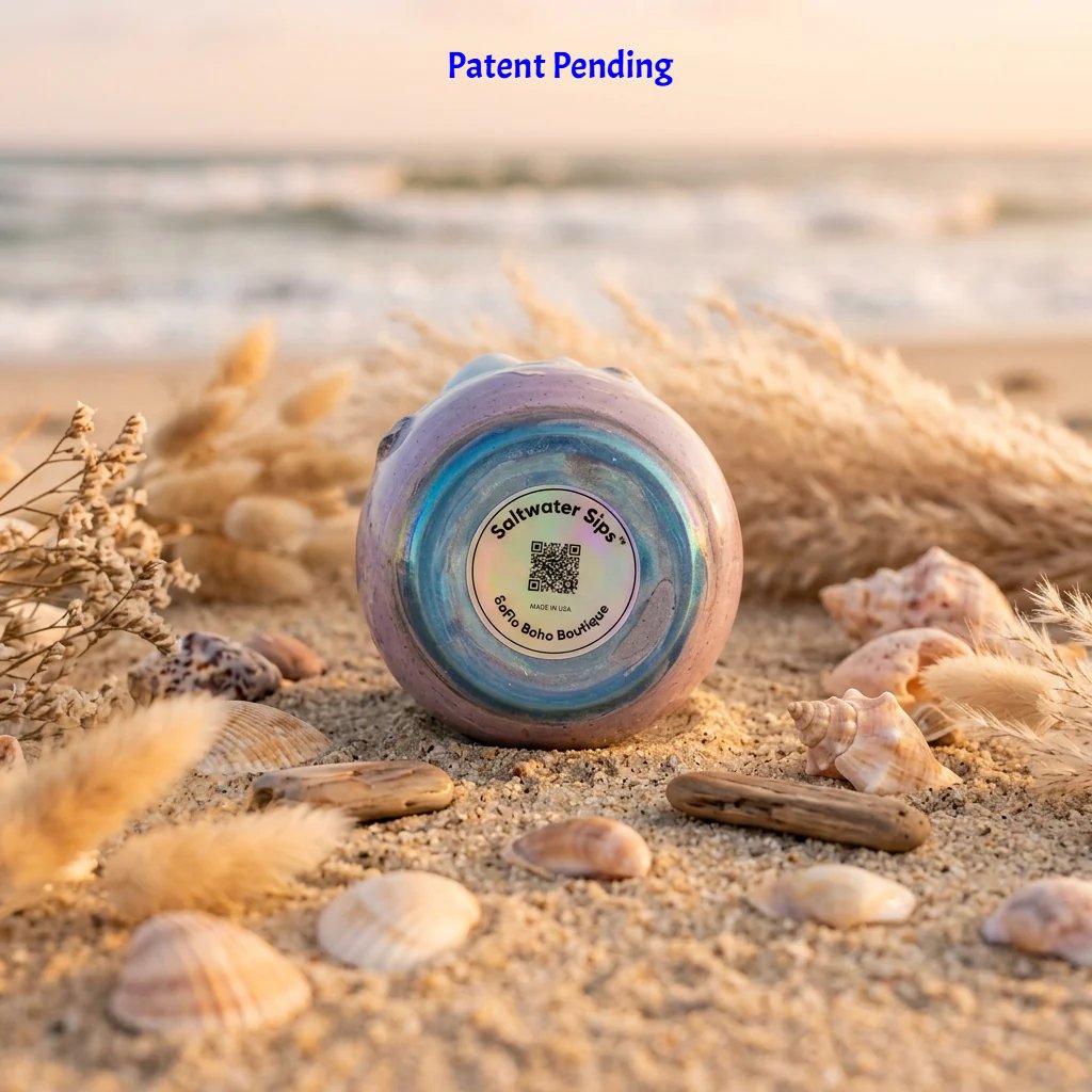 Bottom view of 12oz insulated wine tumbler resting on beach sand