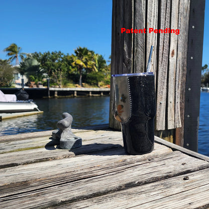 Handmade black 30oz coastal tumbler with shells, feathers and glossy finish