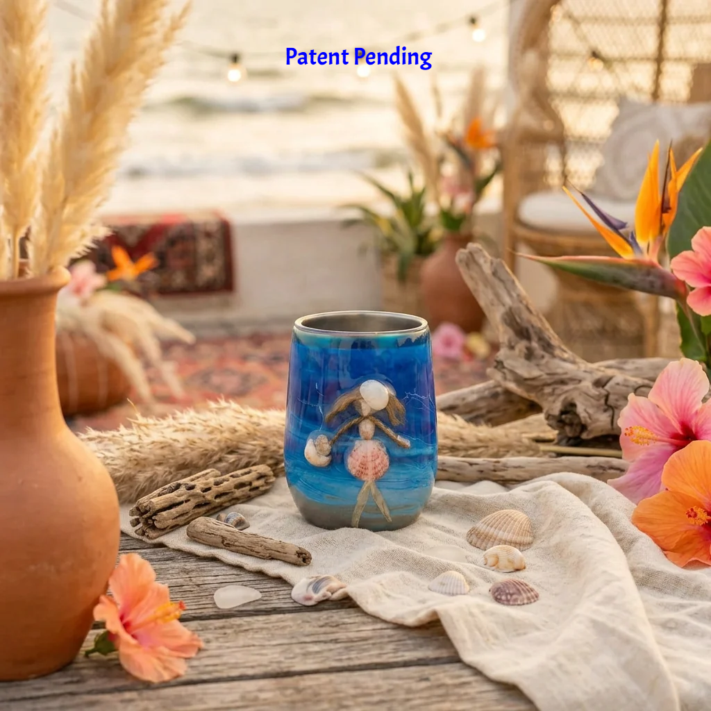 Blue 12oz insulated stainless steel wine tumbler with a seashell figure beside macrame and flowers on a beach table