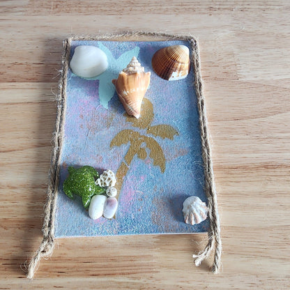 Palm & Conch  seashell jewelry holder wall decor with real shells and resin accent, handmade coastal wall art