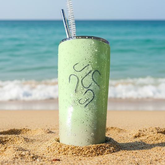 Tumbler with fish hooks on the beach