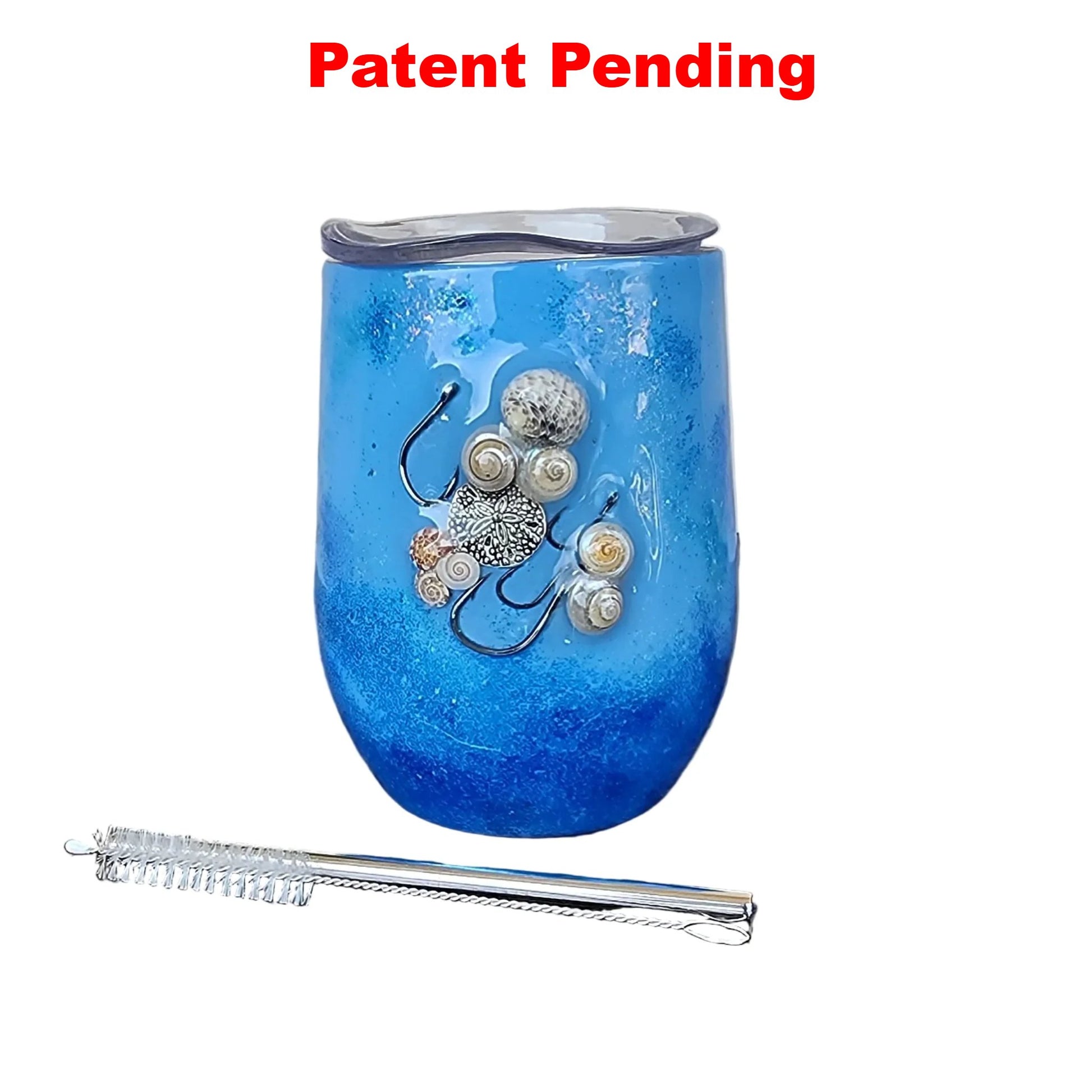 Blue textured tumbler with real seashell and real fish hooks