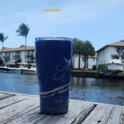 Handmade 20oz Blue Ink right side view fishing hook tumbler with real saltwater hooks, barrel swivel and natural raffia, Hook & Tumble coastal drinkware