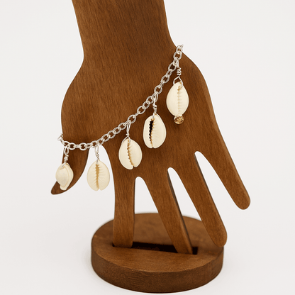 Handcrafted Cowrie Shell Bracelet with Swarovski Rhinestone – Silver Link Chain