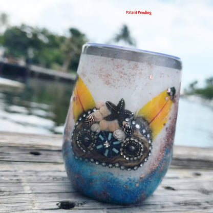 12oz 3D Ocean Treasure Glitter Tumbler - Insulated Beach Wine Tumbler with Feathers, Starfish & Seashells | Saltwater Sips™