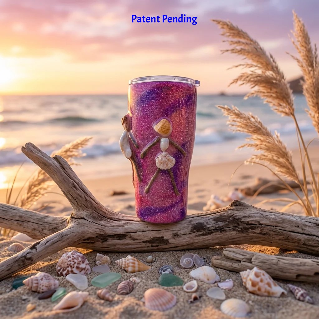 Handmade pink shell people tumbler on driftwood with seashells at the shoreline