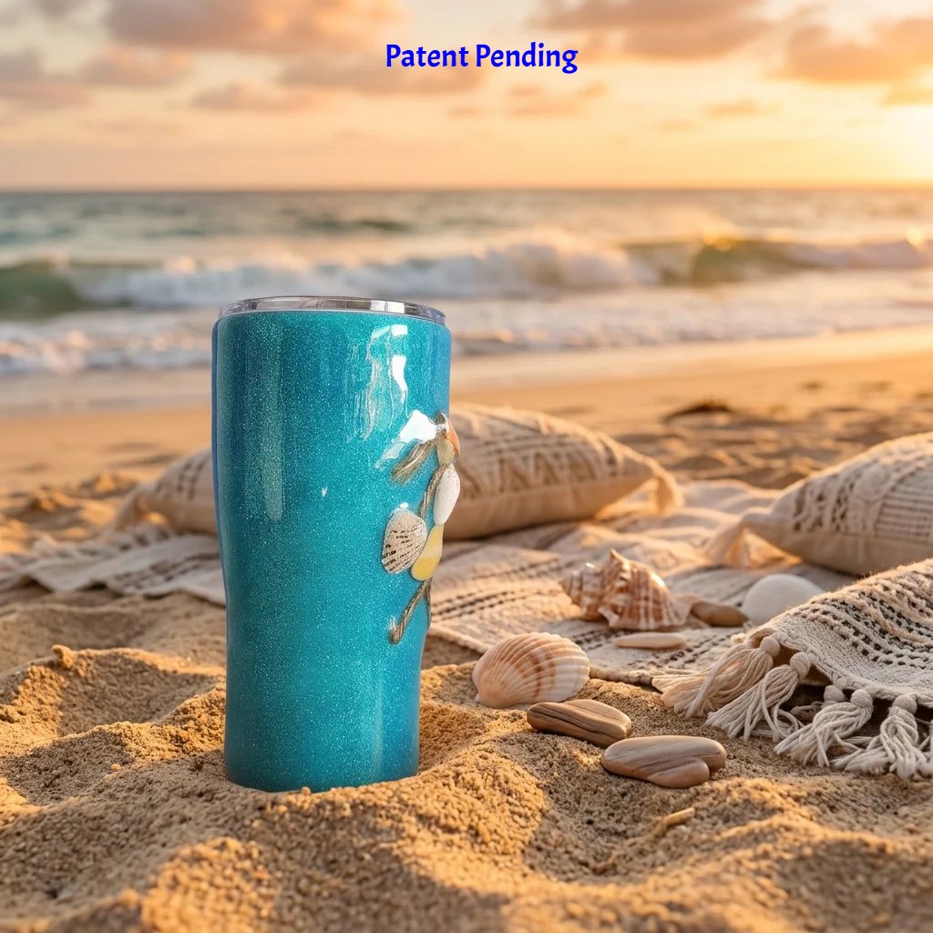 Teal shell people tumbler standing in beach grass and sand, handmade in South Florida