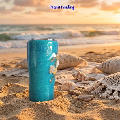 Teal shell people tumbler standing in beach grass and sand, handmade in South Florida