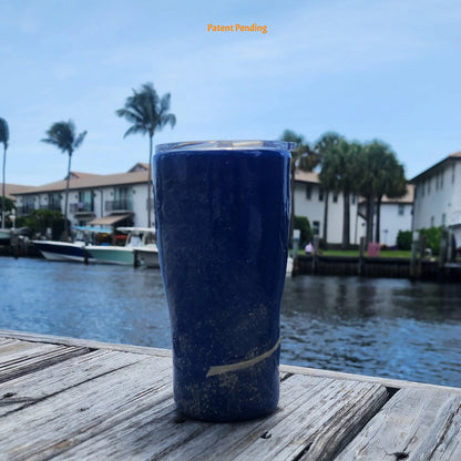 Handmade 20oz Blue Ink back side view fishing hook tumbler with real saltwater hooks, barrel swivel and natural raffia, Hook & Tumble coastal drinkware