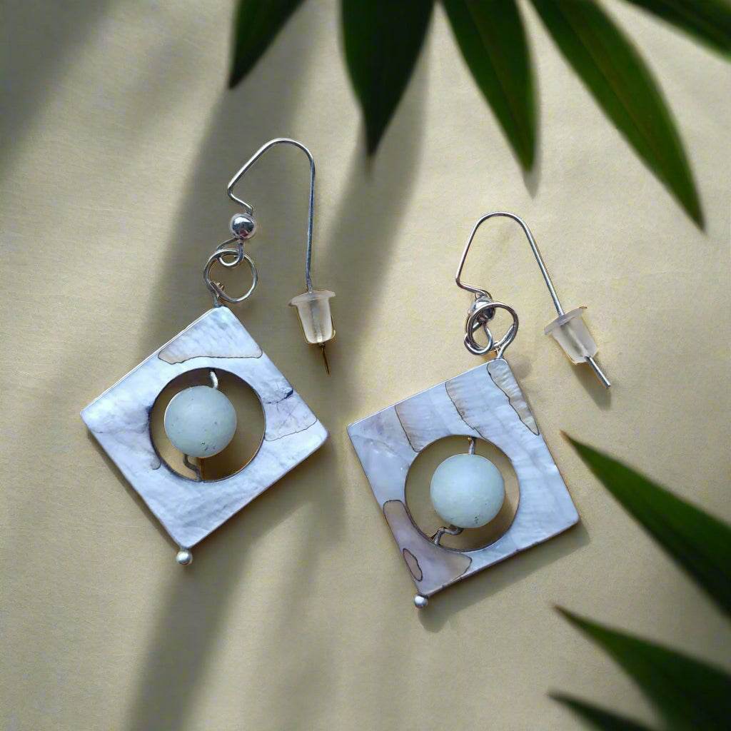 Handmade Beautiful Square-Shaped Earrings with Aventurine & Mother of Pearl – Elegant S-Shape Design✨