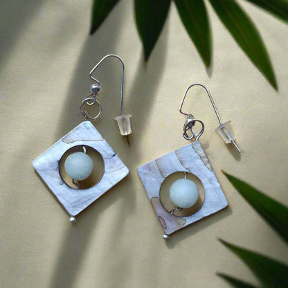 Handmade Beautiful Square-Shaped Earrings with Aventurine & Mother of Pearl – Elegant S-Shape Design✨