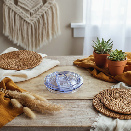 Clear plastic lid on a wooden surface