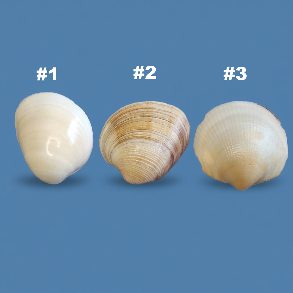 Three different types of shells for cabinets or drawer pulls labeled #1, #2, and #3 on a blue background.