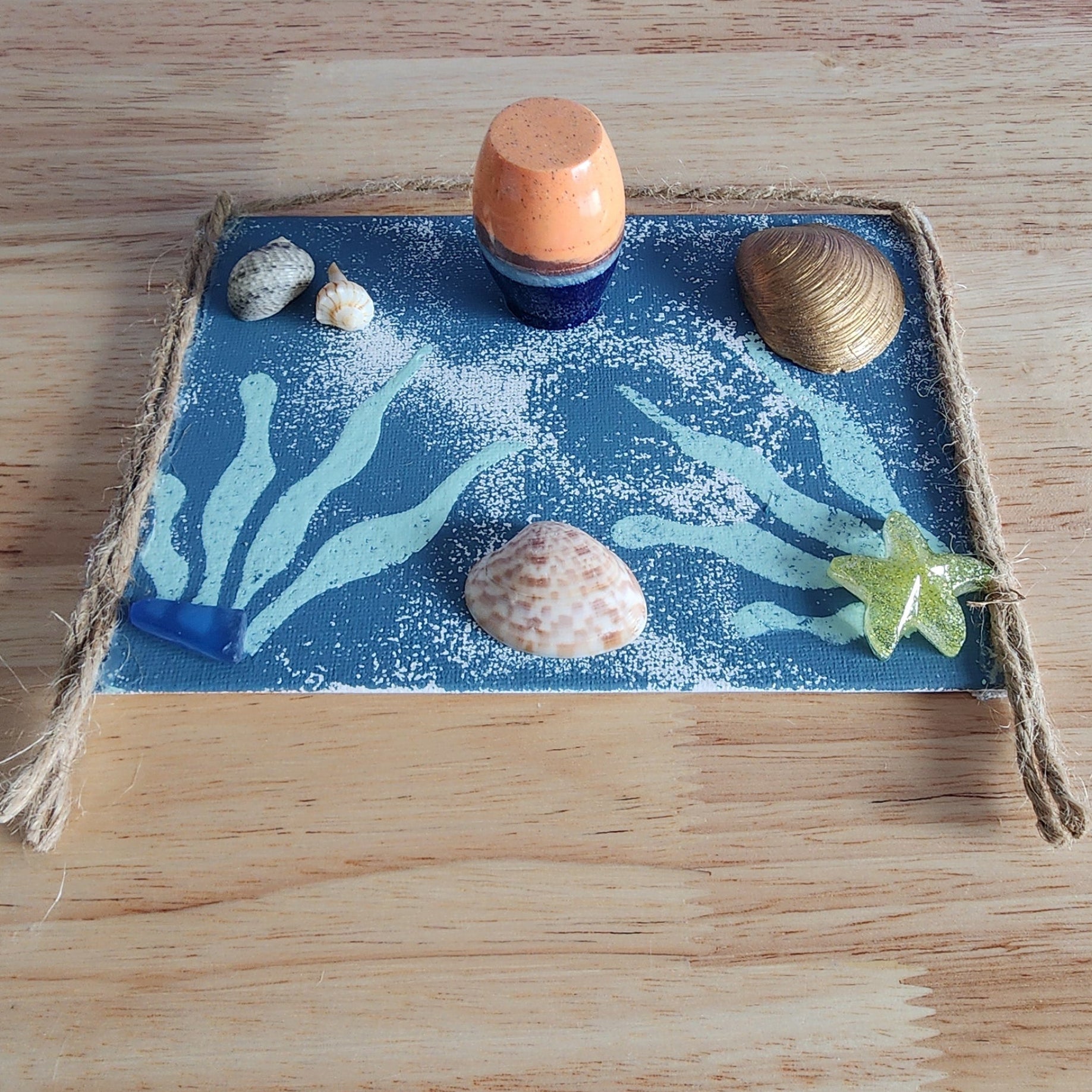 Blue Coral Reef seashell jewelry holder wall decor with real shells and resin accent, handmade coastal wall ar