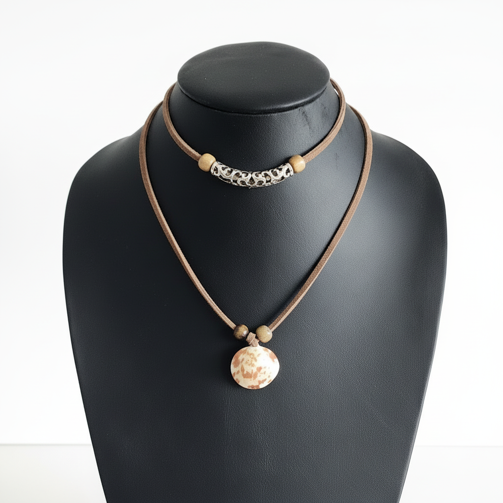 Calico Scallop Shell adjustable choker necklace on brown faux suede cord
