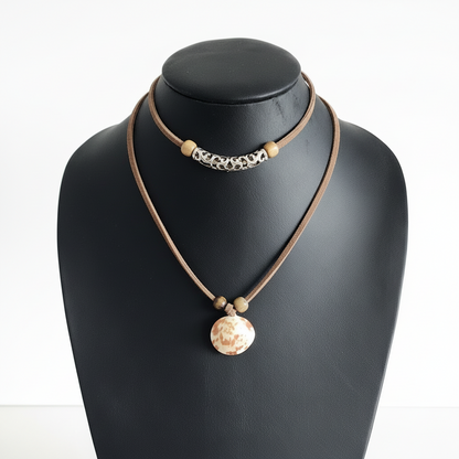 Calico Scallop Shell adjustable choker necklace on brown faux suede cord