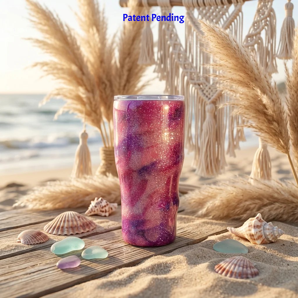 Saltwater Sips pink glitter tumbler on a wooden board with pampas grass and sea glass