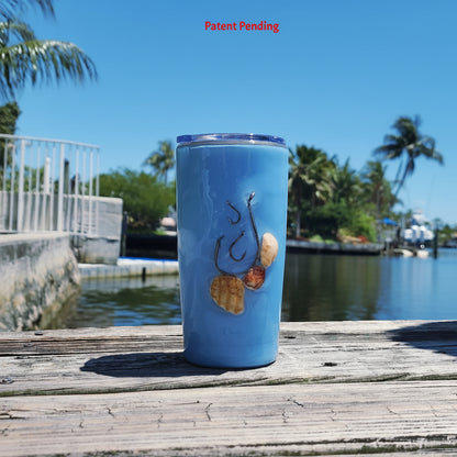 Blue Water Hook & Tumble™ 20oz fishing hook tumbler on dock – real hooks
