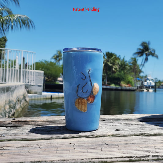 Blue Water Hook & Tumble™ 20oz fishing hook tumbler on dock – real hooks