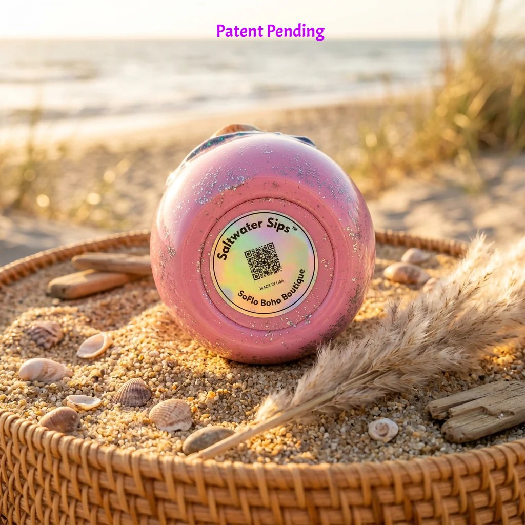 Bottom of a handmade pink 12oz seashell wine tumbler resting in a woven basket on beach sand