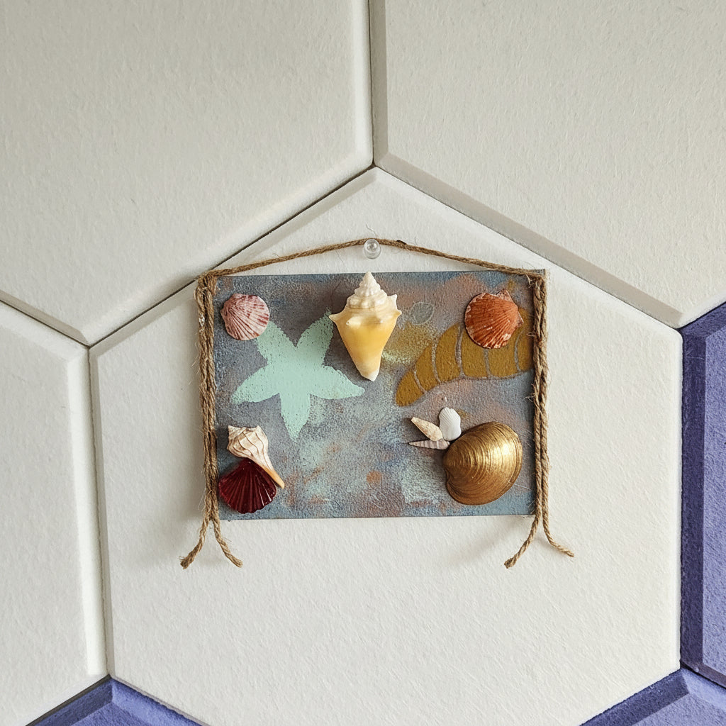 Golden Horn Shore seashell jewelry holder wall decor with real shells and resin accent, handmade coastal wall art