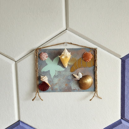 Golden Horn Shore seashell jewelry holder wall decor with real shells and resin accent, handmade coastal wall art