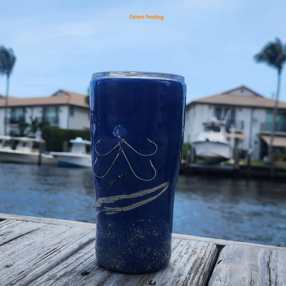 Handmade 20oz Blue Ink close up of fishing hook tumbler with real saltwater hooks, barrel swivel and natural raffia, Hook & Tumble coastal drinkware
