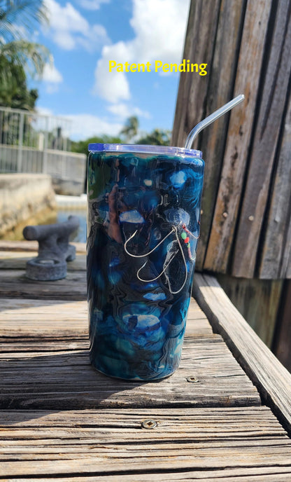 Close-up of Blue Lagoon tumbler showing real fishing hooks and bubble details, handmade Hook & Tumble