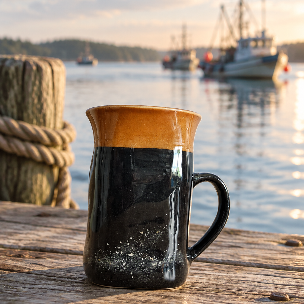 Handmade Hook & Tumble black ceramic mug with handle on a wooden dock overlooking moored boats