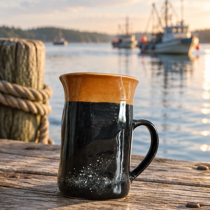 Handmade Hook & Tumble black ceramic mug with handle on a wooden dock overlooking moored boats