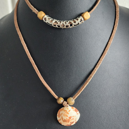 Calico Scallop Shell adjustable choker necklace on brown faux suede cord