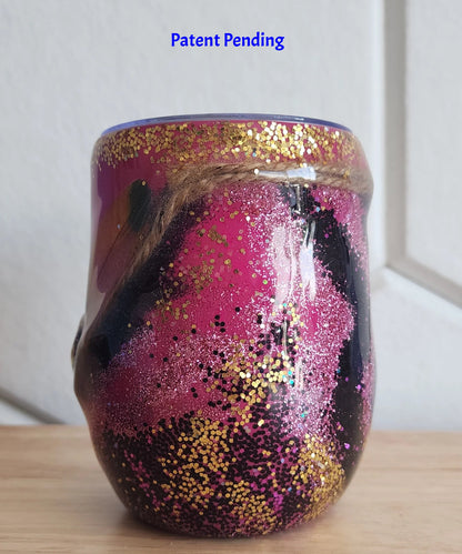 Magenta boho Saltwater Sips™ 12oz wine tumbler right side, gold and pink glitter twine detail, Patent Pending