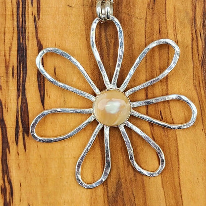 Flower Pedal Pendant with Mother Of Pearl Cabochon - Sterling Silver - Handmade Boho Jewelry