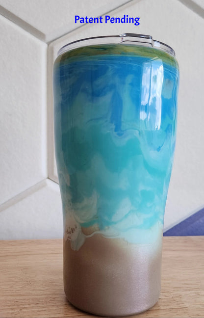 Turquoise ocean wave fishing hook tumbler 20oz indoor back, seafoam turquoise design, Hook & Tumble™