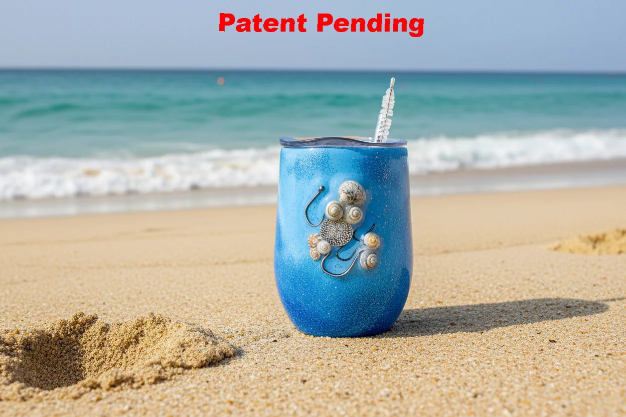 Blue textured tumbler with real seashell and real fish hooks