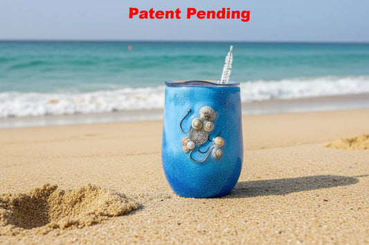 Blue textured tumbler with real seashell and real fish hooks