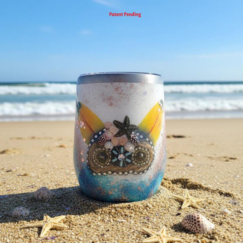 12oz 3D Ocean Treasure Glitter Tumbler - Insulated Beach Wine Tumbler with Feathers, Starfish & Seashells | Saltwater Sips™