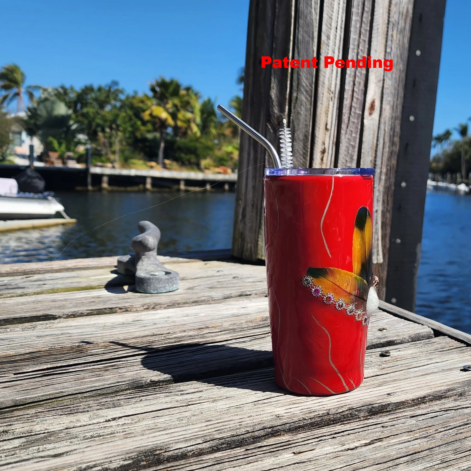 Red glossy seashell tumbler with metallic silver brush strokes – USA made coastal drinkware