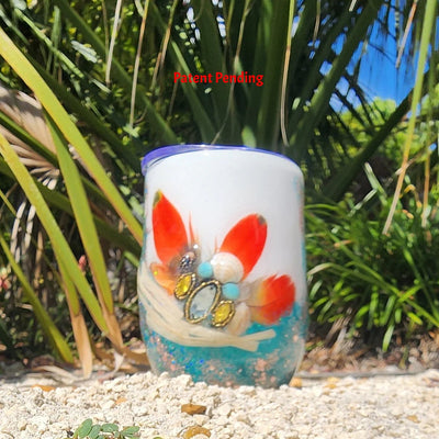 White Rose Gold Coastal Boho Wine Tumbler 12oz Feathers Shells Beach Gift Saltwater Sips™