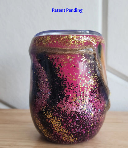Magenta boho Saltwater Sips™ 12oz wine tumbler left side, natural twine wrap gold glitter crown, Patent Pending