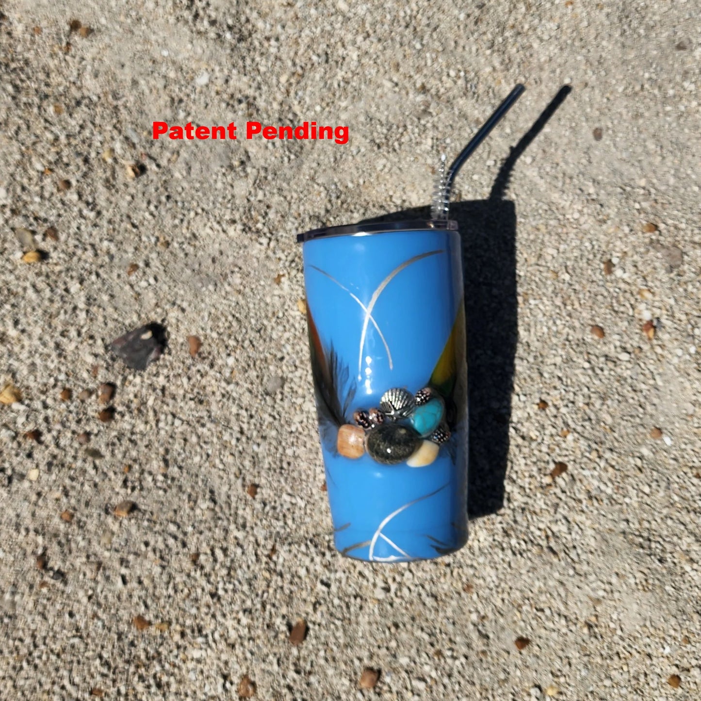 Handmade blue coastal tumbler with seashell cluster, feathers and stainless steel bend straw – 20oz insulated cup