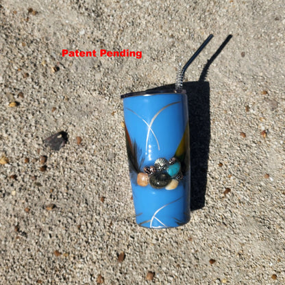 Handmade blue coastal tumbler with seashell cluster, feathers and stainless steel bend straw – 20oz insulated cup