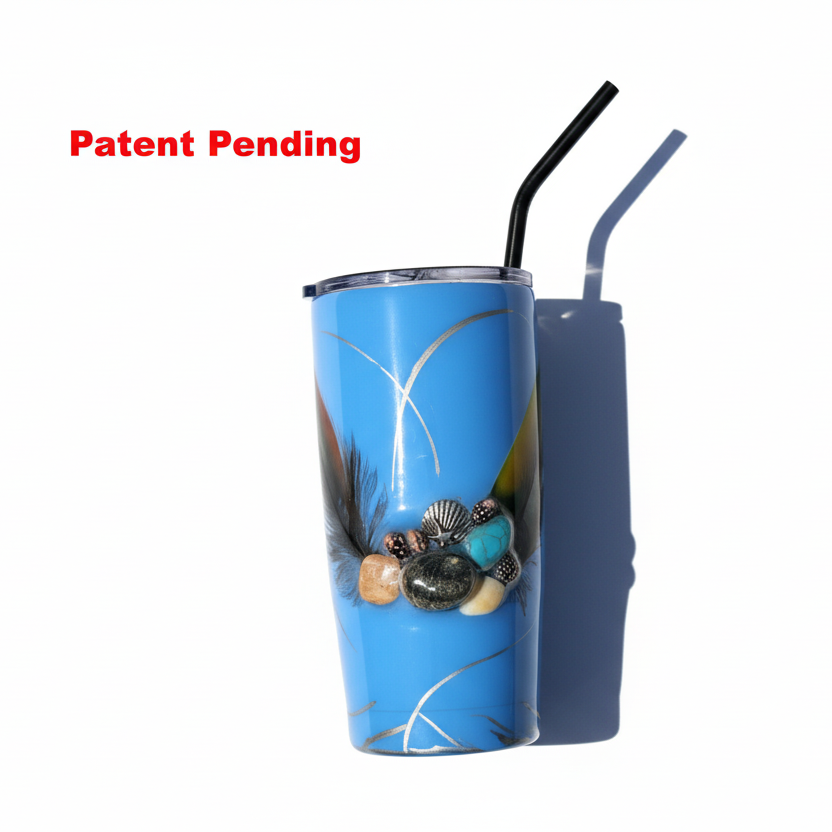 Blue Seashell tumbler with feathers in white background