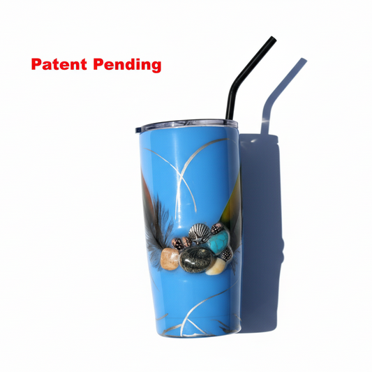 Blue Seashell tumbler with feathers in white background