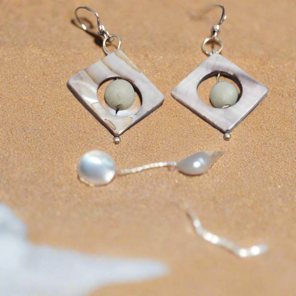 Handmade Beautiful Square-Shaped Earrings with Aventurine & Mother of Pearl – Elegant S-Shape Design✨
