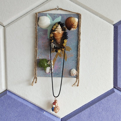 Palm & Conch  seashell jewelry holder wall decor with real shells and resin accent, handmade coastal wall art
