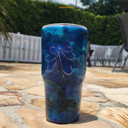 Blue Open Water fishing hook tumbler showing deep cobalt and teal handmade 30oz coastal drinkware